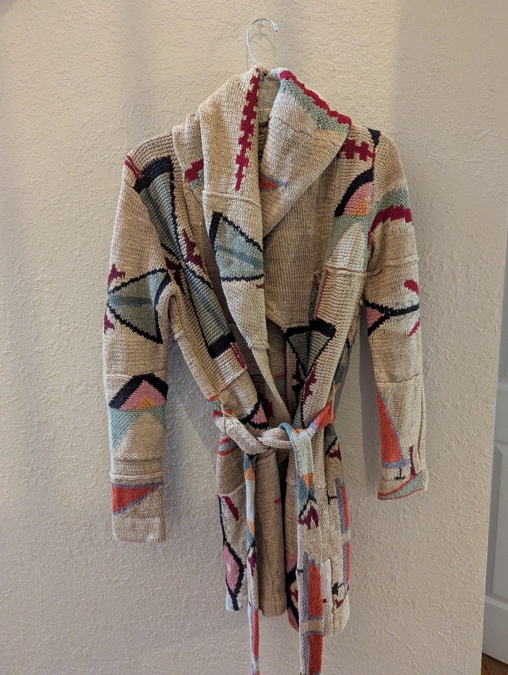 Ralph Lauren Hand Knit Linen Cotton Silk Patwork Tie Cardigan